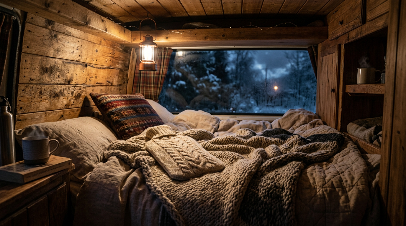Hot water bottle on a neatly made camper van bed on a cold evening