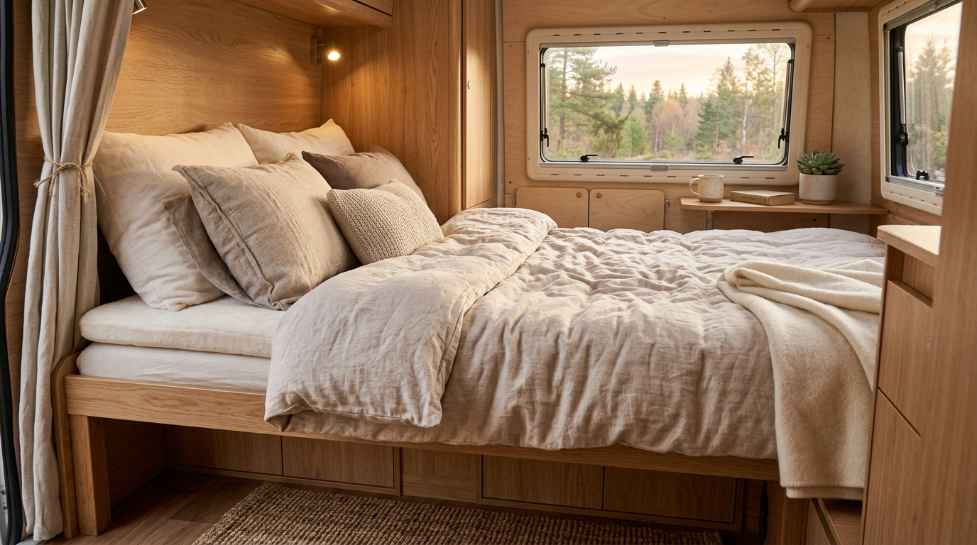 Memory foam mattress topper on a cosy camper van bed