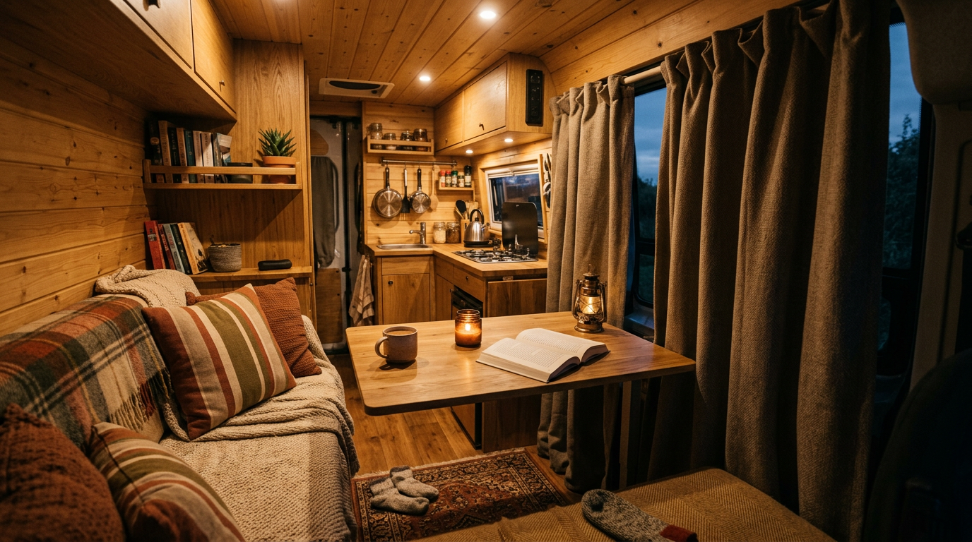 Thermal blackout curtains creating a warm private feel inside a camper van