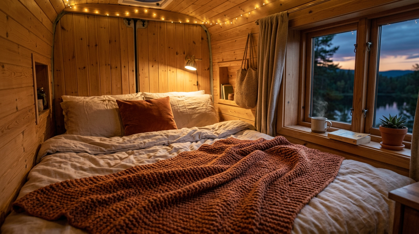 Chunky throw blanket draped over a camper van bed