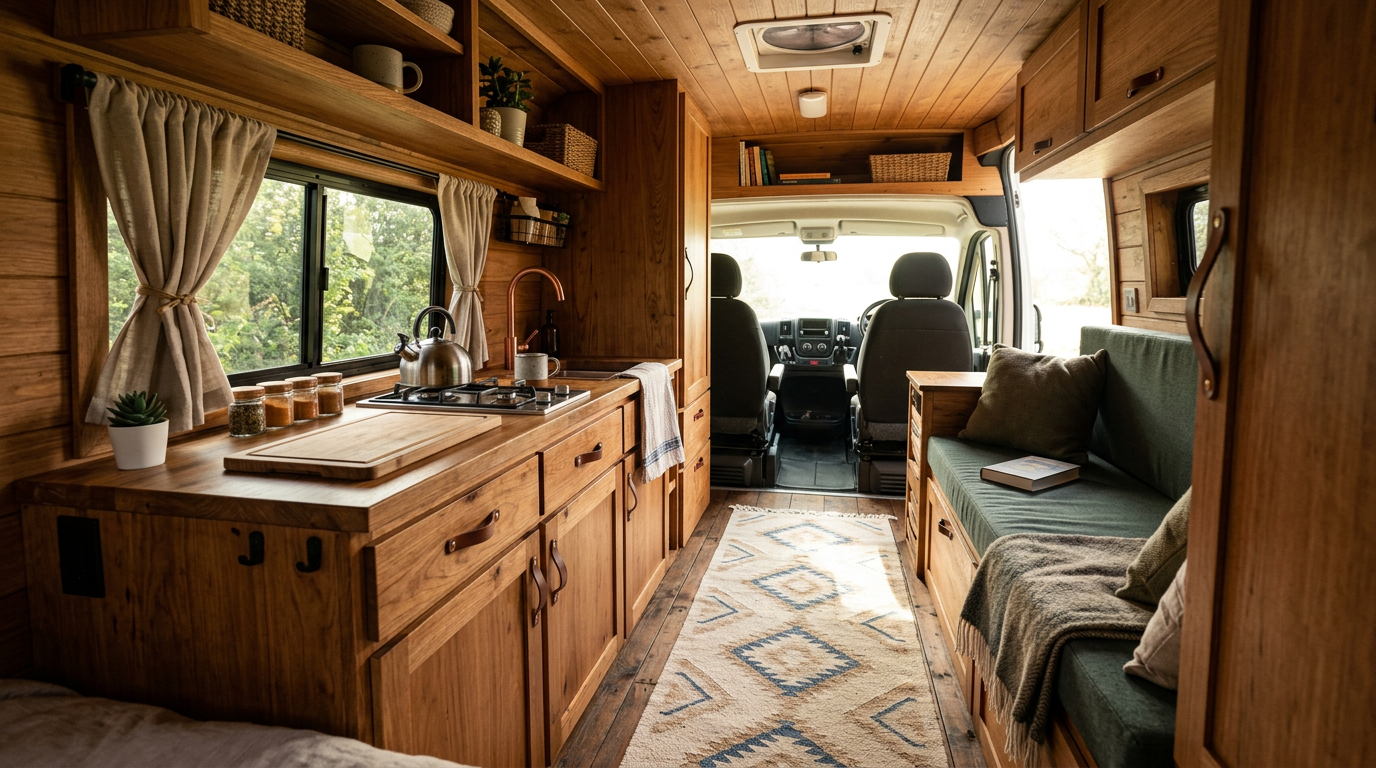 Small washable rug on the floor of a warm camper van interior