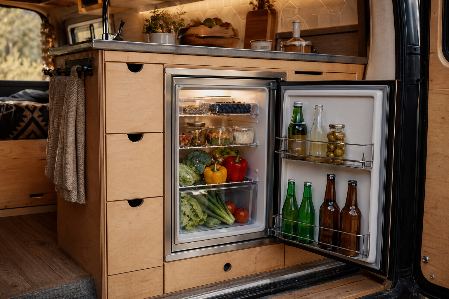 Stainless steel 12V compressor fridge installed in a wooden camper van kitchen unit with the door open showing food and drinks inside