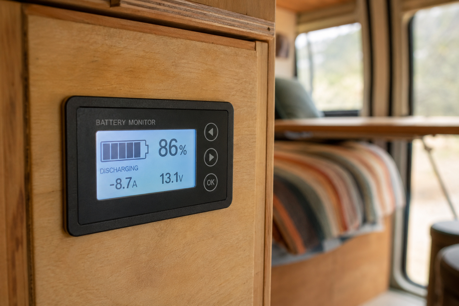 Victron BMV battery monitor display on a wall panel showing state of charge and amp readings inside a van