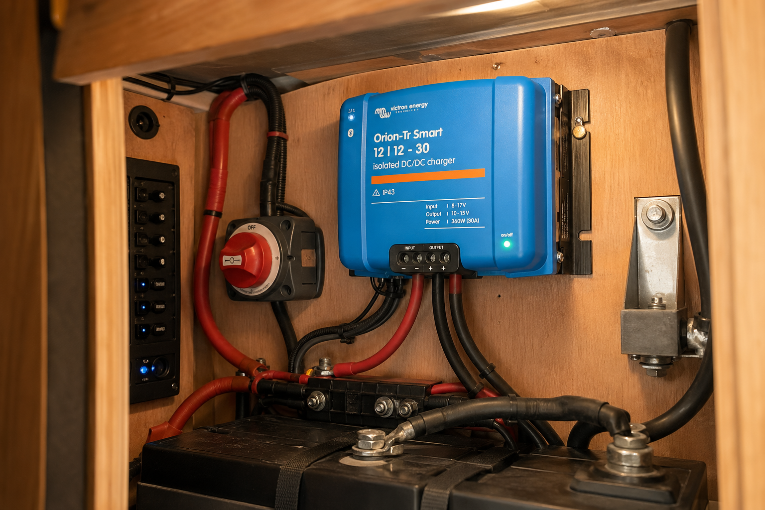 Victron Orion DC-DC charger wired into a van electrical system with chunky red and black cables and a battery cut-off switch nearby
