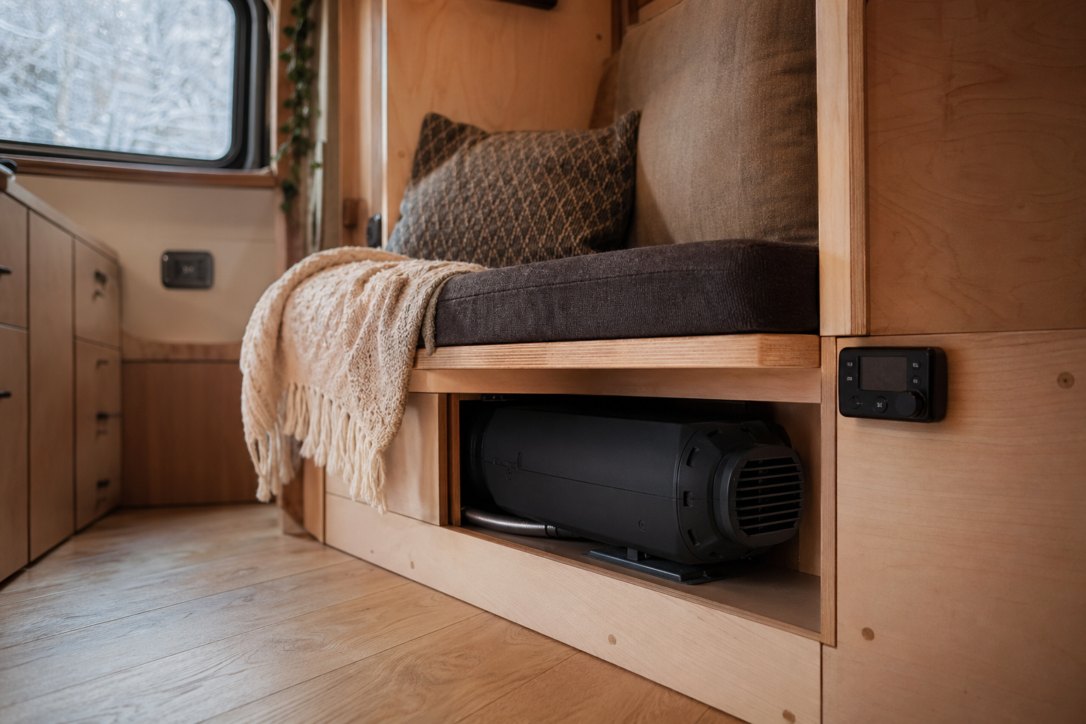 Compact 12V diesel heater installed under a bench seat in a camper van with a warm air outlet visible and a thermostat control on the wall