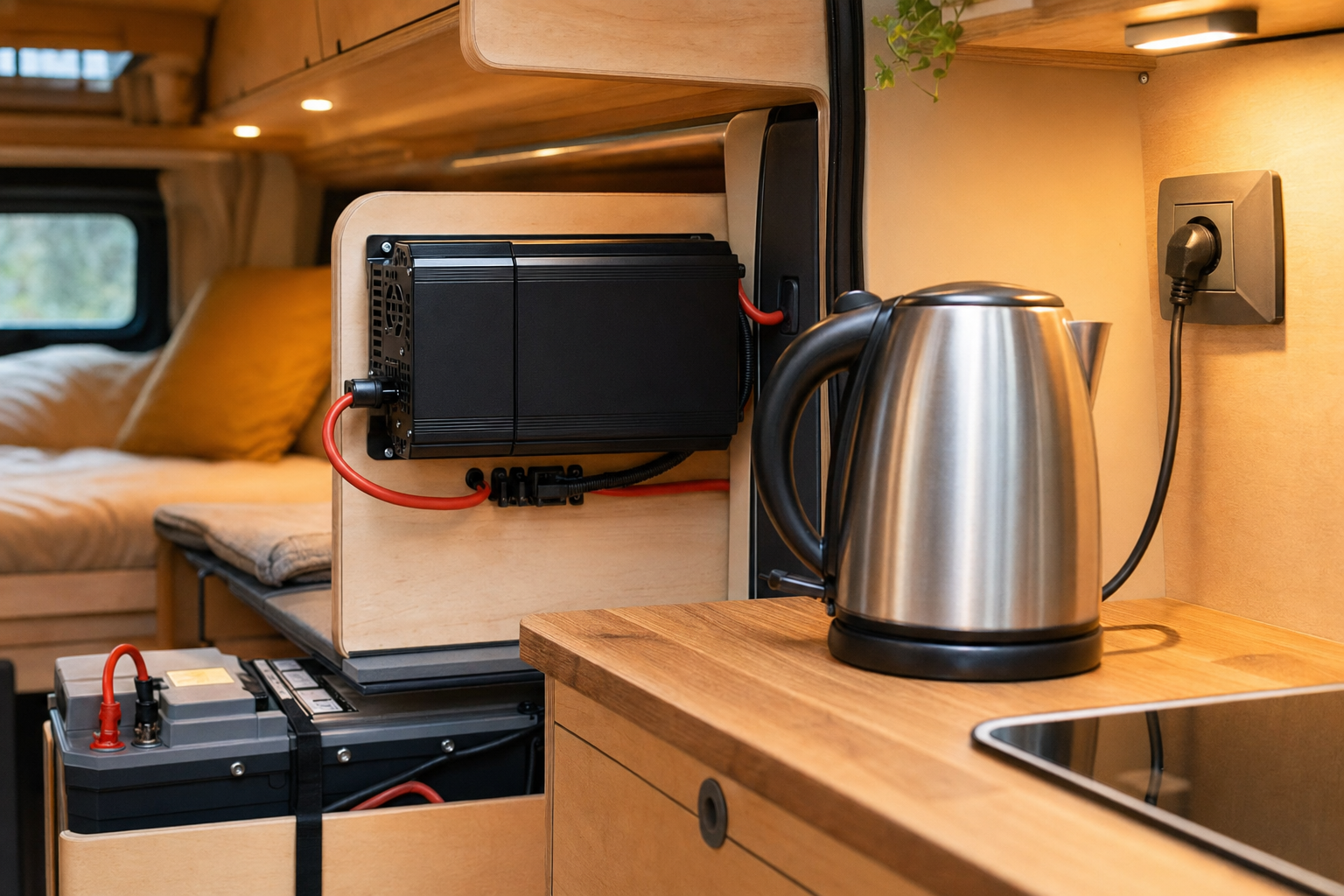 Pure sine wave inverter mounted near a leisure battery inside a camper van with a kettle plugged into a 230V socket on a worktop