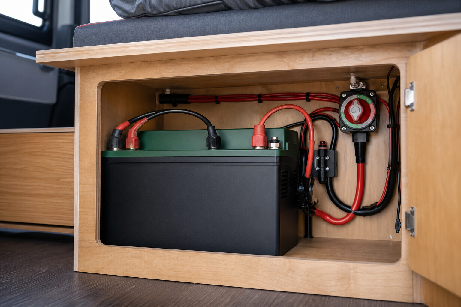 LiFePO4 lithium battery installed inside a wooden cabinet in a camper van with neat marine wiring