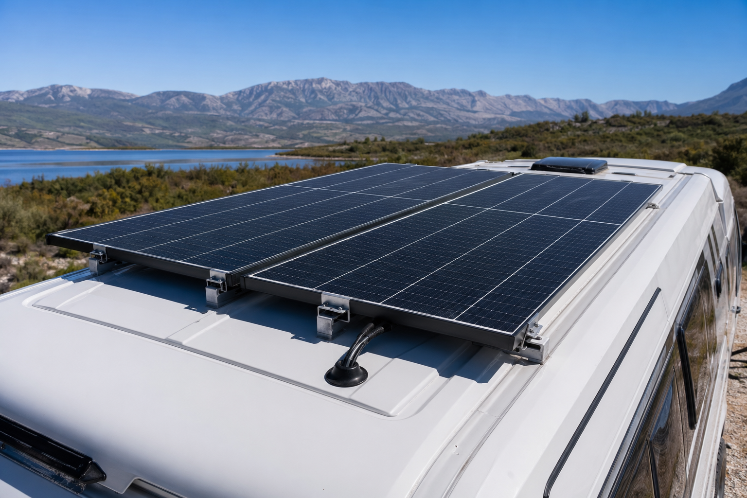 Two rigid monocrystalline solar panels mounted on the roof of a converted camper van under a clear blue sky