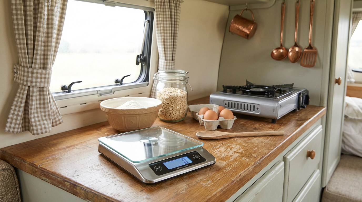 Compact digital kitchen scale on a wooden camper van counter