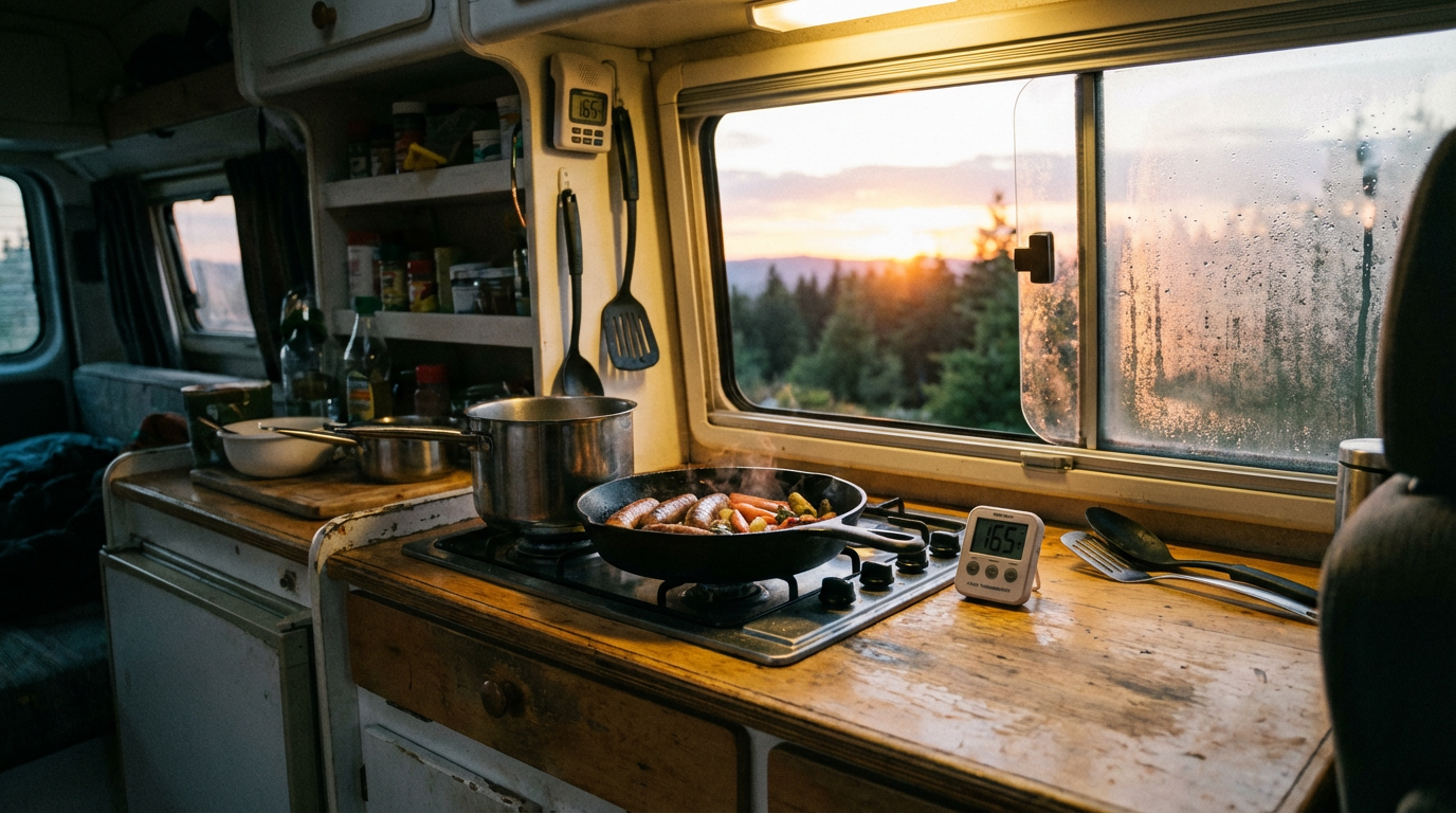 Compact digital food thermometer beside a pan in a van kitchen