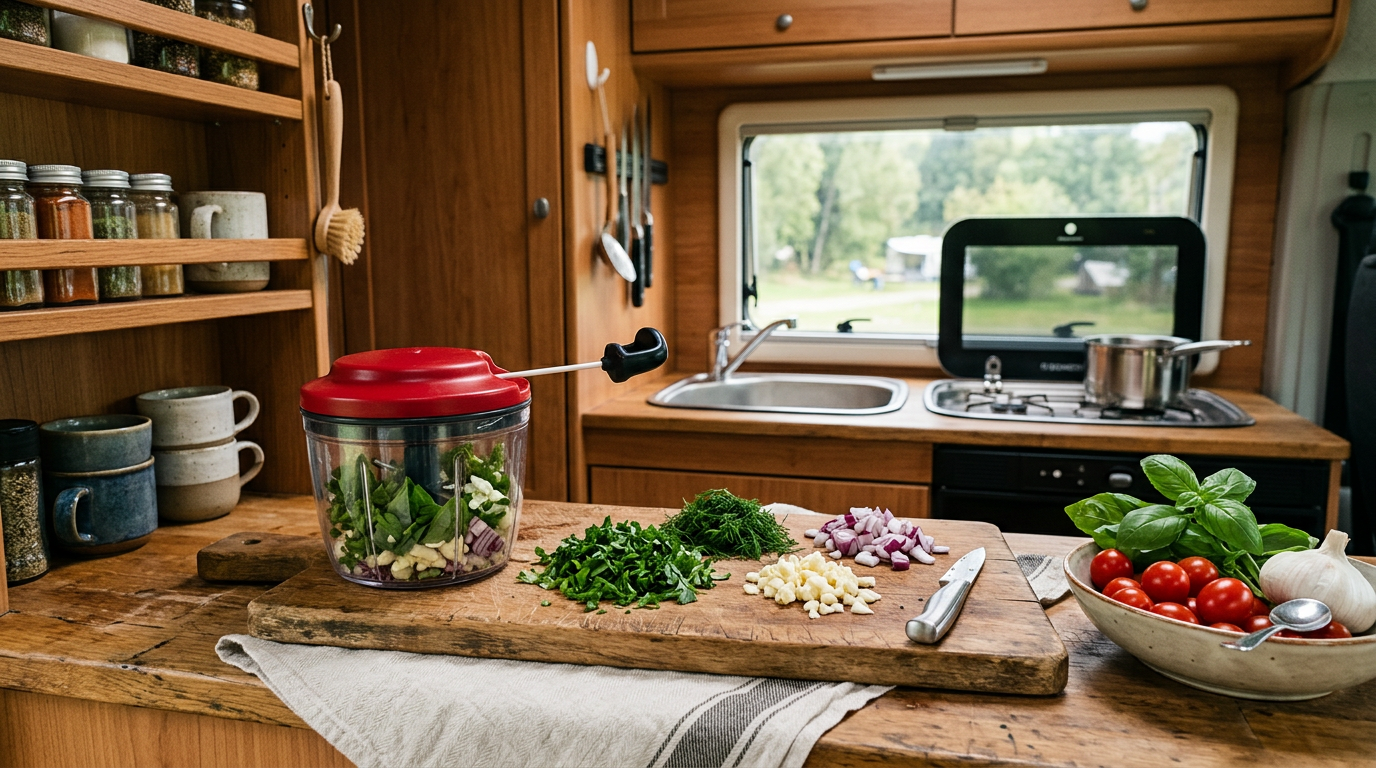 Manual mini food chopper on a small camper van worktop
