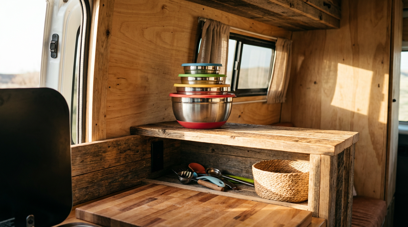 Nesting mixing bowls with lids stacked neatly in a van kitchen
