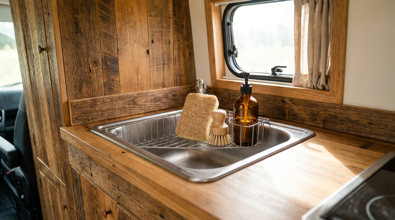 Neat sink caddy with brush and sponge in a camper van kitchen
