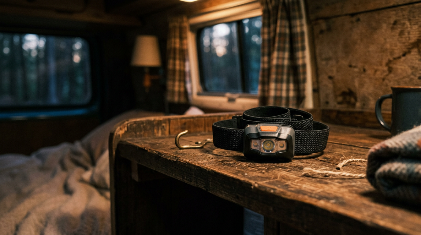 Rechargeable headlamp resting inside a camper van at night