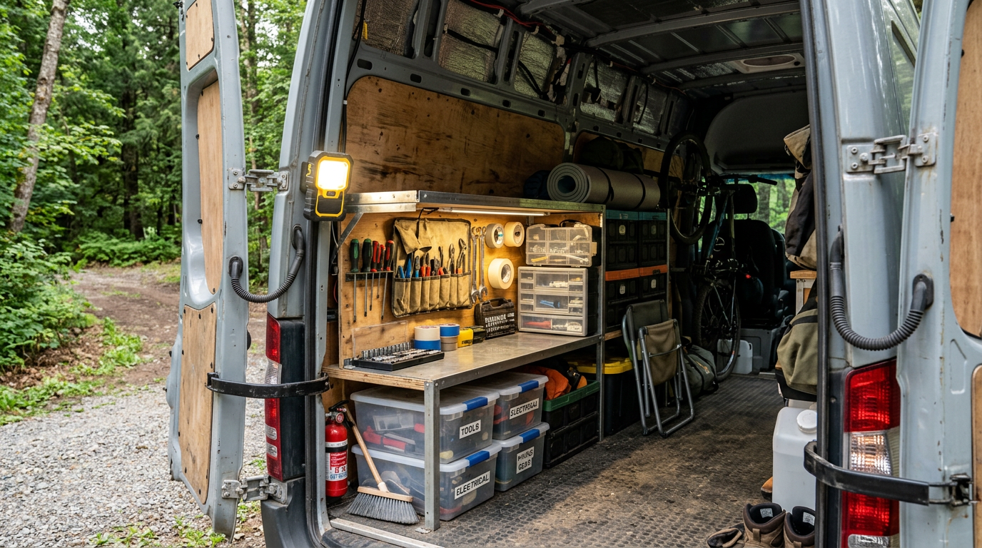 Magnetic LED work light attached in the rear of a camper van