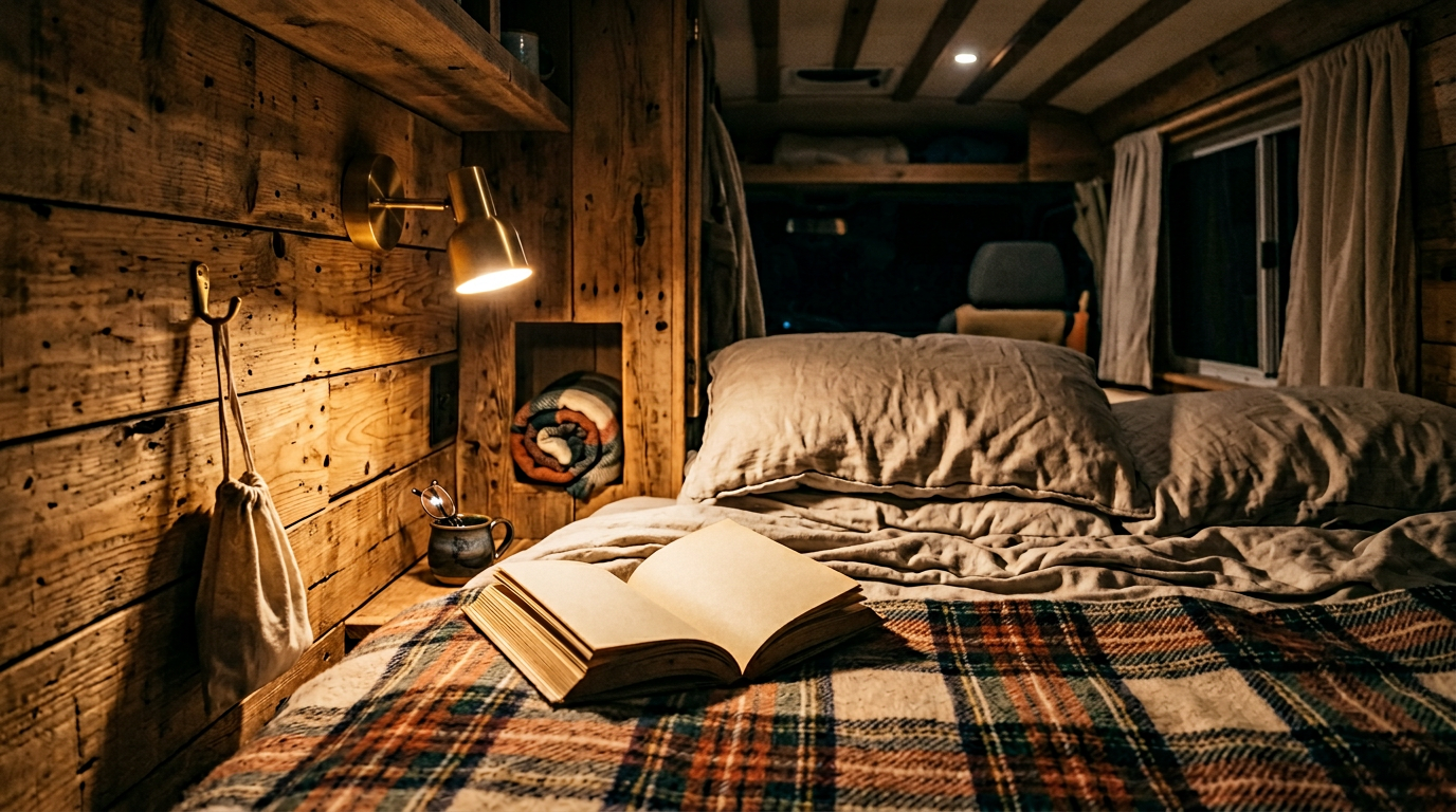 Adjustable reading sconce lighting a camper van bed