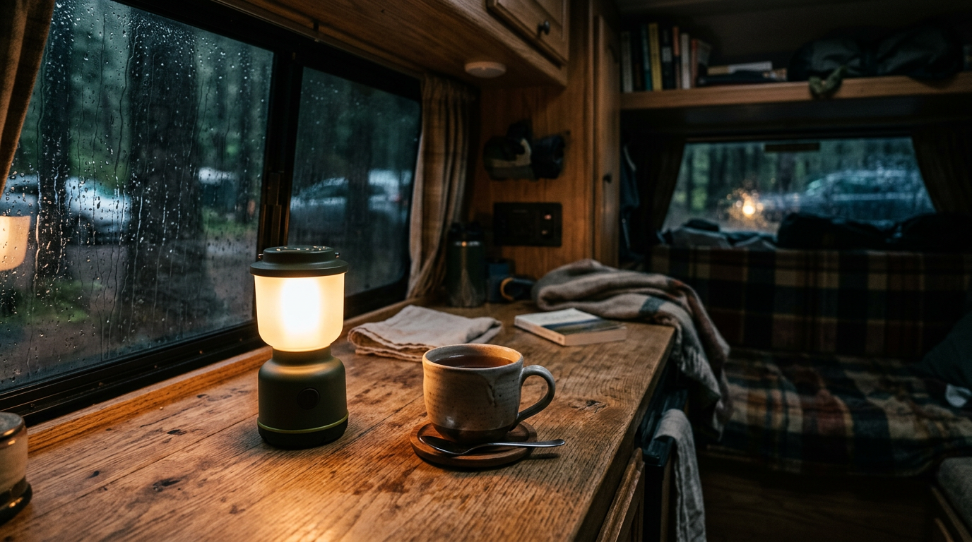 Rechargeable lantern glowing on a van table on a rainy evening
