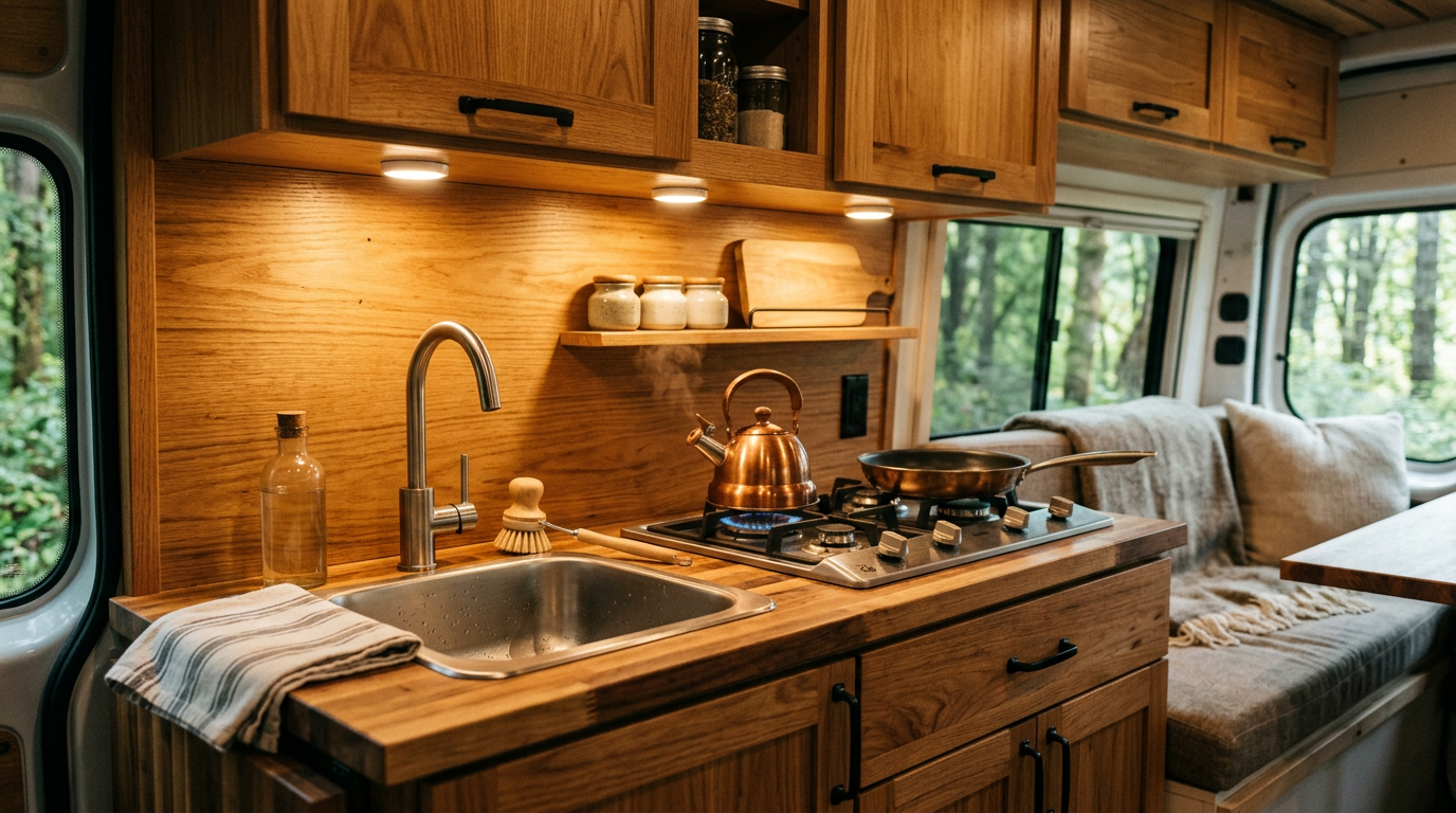 Warm puck lights above a small camper van kitchen