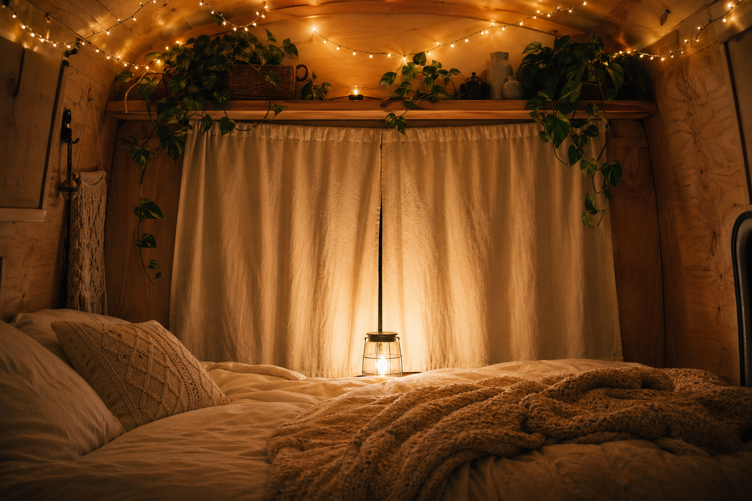 Thermal blackout curtain drawn in a camper van at night