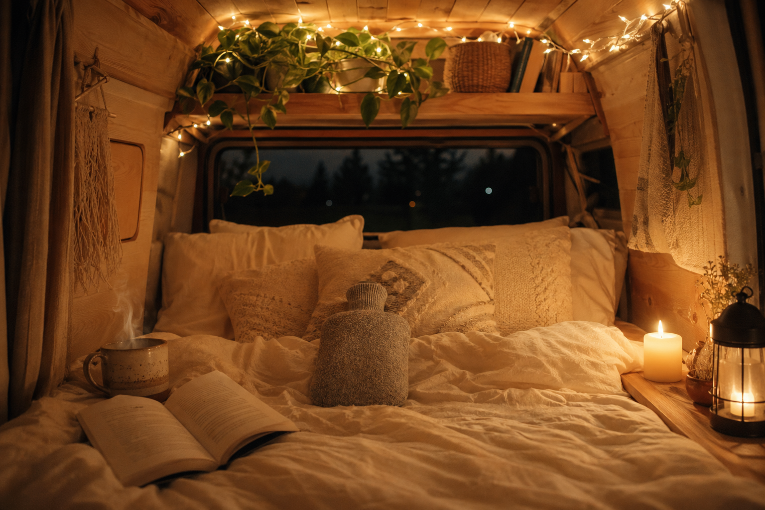 Hot water bottle on a van duvet at bedtime