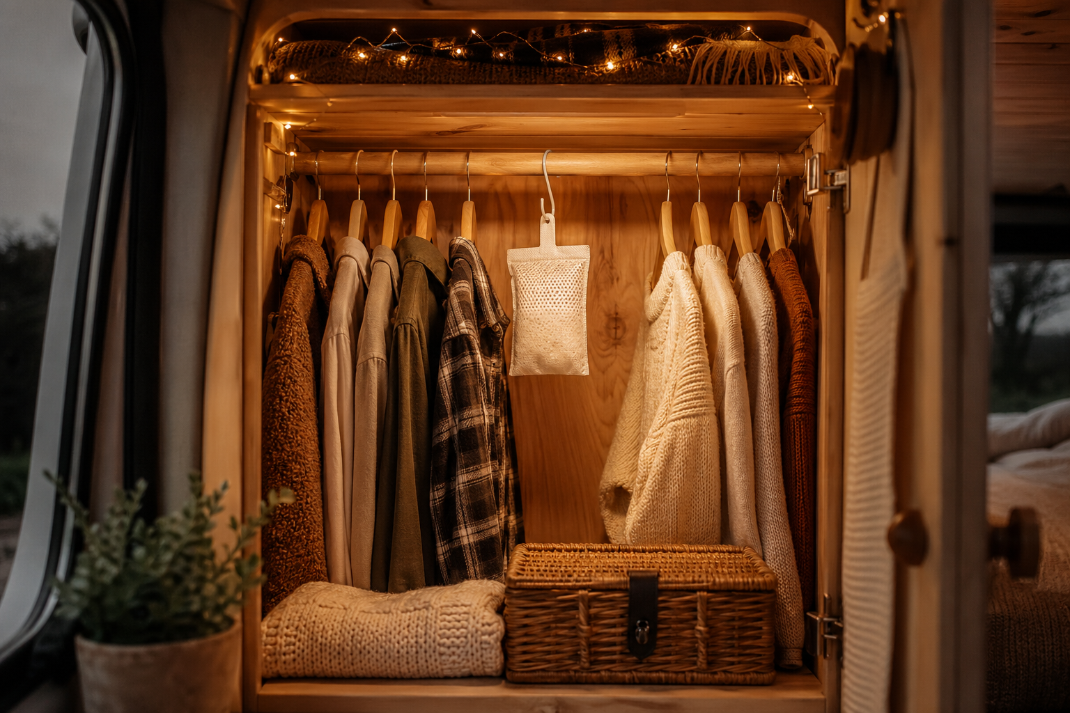 Moisture absorber hanging near a camper van bed area