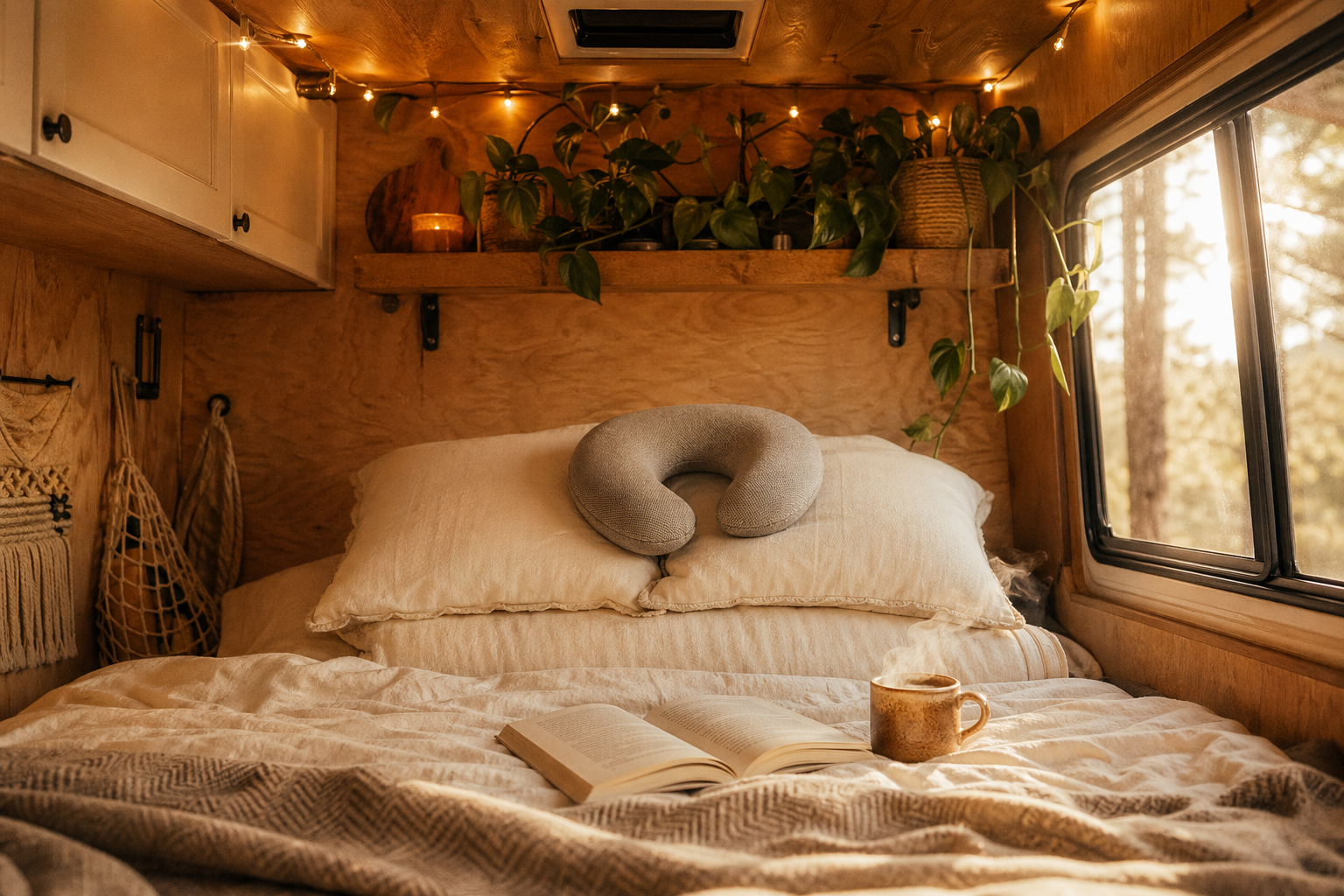 Travel neck pillow on a camper van pillow setup