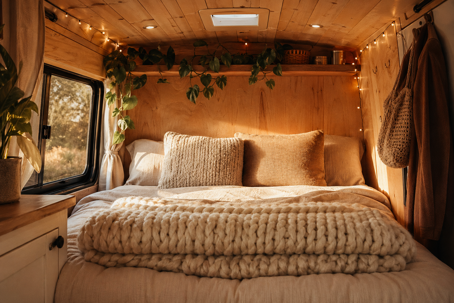 Weighted blanket folded at the end of a camper van bed