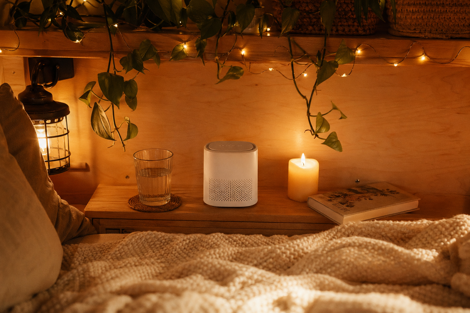 Compact white noise machine on a bedside shelf in a van