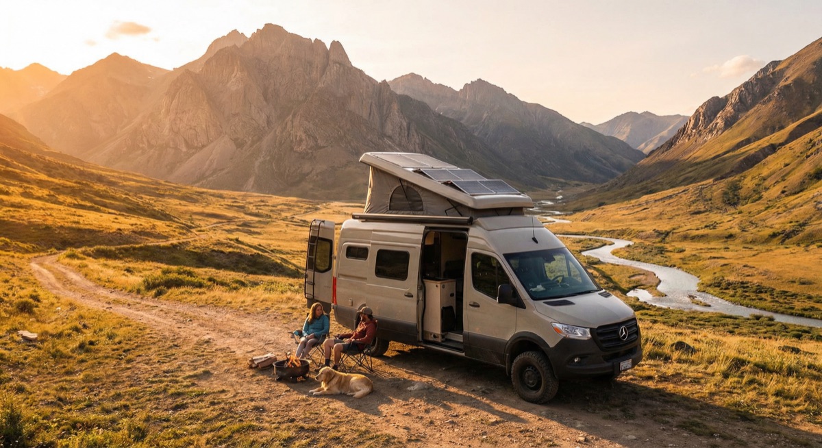 Camper van with solar panels on the roof in a scenic mountain setting